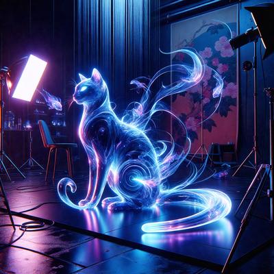 The primary subject of the image is a cat, which is depicted as a neon-colored, glowing, and ethereal creature. The cat is sitting on a black surface, which contrasts with the cat's vibrant colors. The setting appears to be a studio or a dark room, as there are chairs and a dining table in the background. The visual style of the image is a combination of digital art and illustration, creating a unique and captivating scene. The dominant colors in the image are purple, blue, and pink, giving the cat a dreamy and otherworldly appearance.